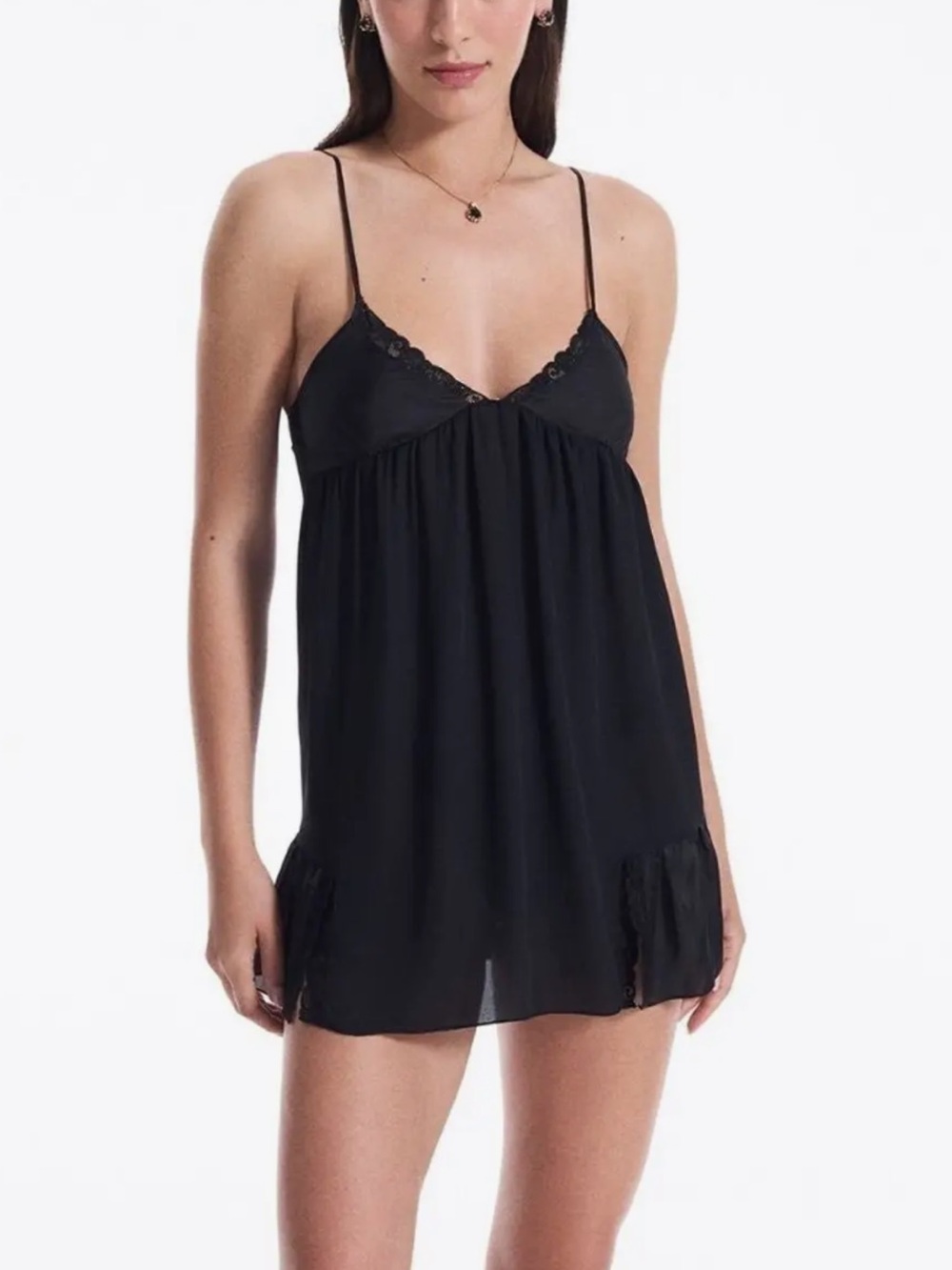 Silky Black Lace-Trim Chemise with Adjustable Straps